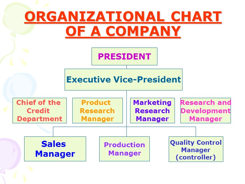 ORGANIZATIONAL CHART OF A COMPANY PRESIDENT Executive Vice-President Chief of the  Credit 